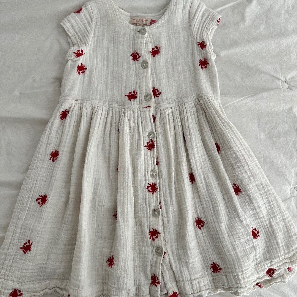 Pink Chicken Girls size 7 dress muslin embroidered crabs red white